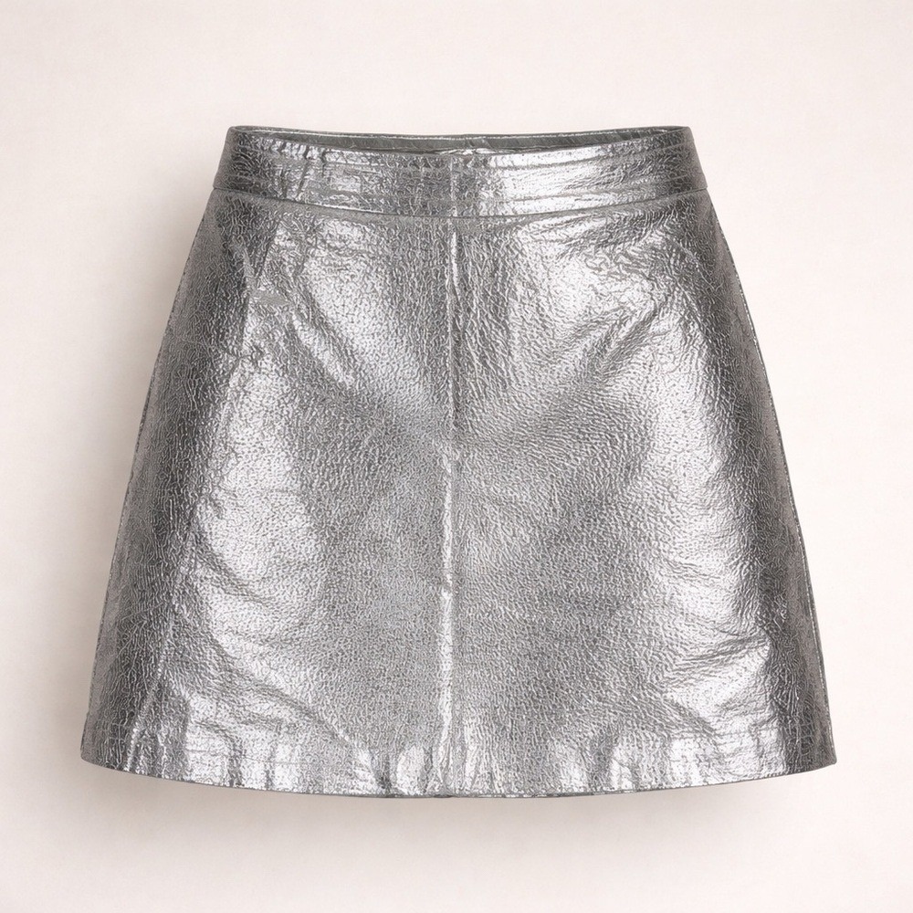 Zara Womens Skirt M Silver Metallic Faux Leather Mini A-Line Futuristic Disco